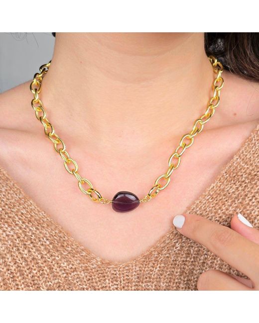 Harfi Metallic Amethyst February Birthstone Statement Pendant Necklace