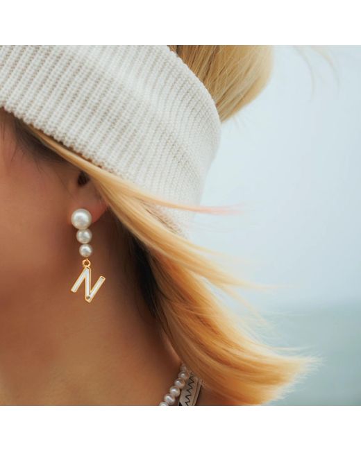 Aurozia Brown The Alphabet Eye Letter Mother Of Pearl Shell Pendant Asymmetric Diamond Pearl Earrings