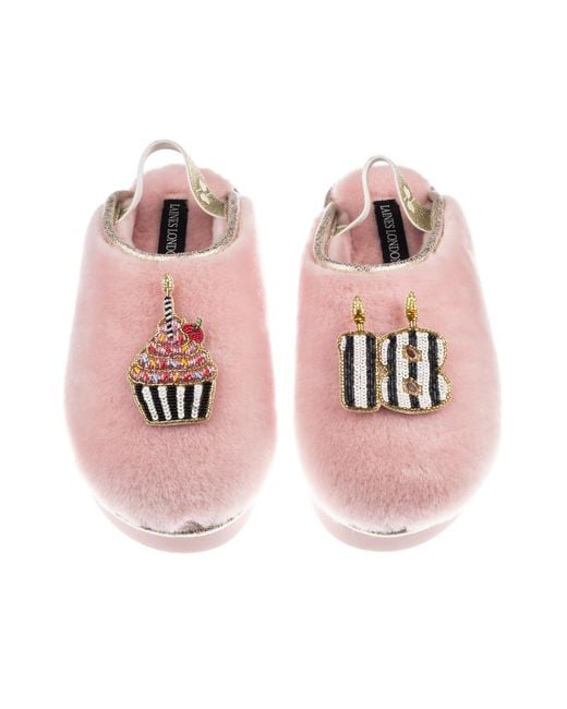 Laines London Pink Flatform Cloud Closed Toe Slippers With Stripe18Th Birthday & Cake Brooches