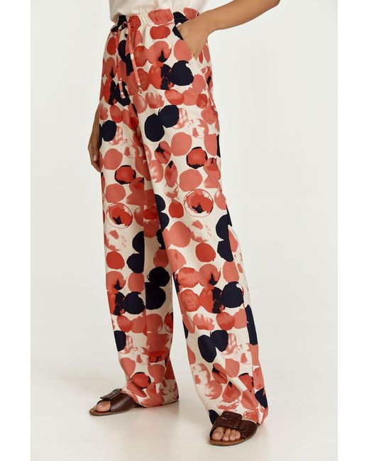 Conquista Red Apricot Print Linen Style Wide Leg Pants