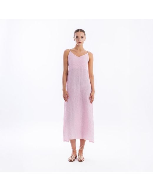 Haris Cotton Pink Maxi Striped Linen Dress With Straps And Slits