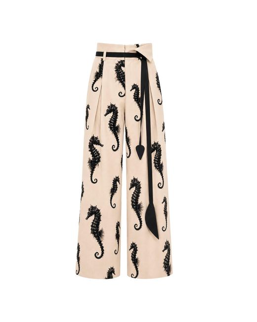 Julia Allert Natural Neutrals Ivory Seahorse Print Wide Leg Trousers With Belt – Capsule Edition
