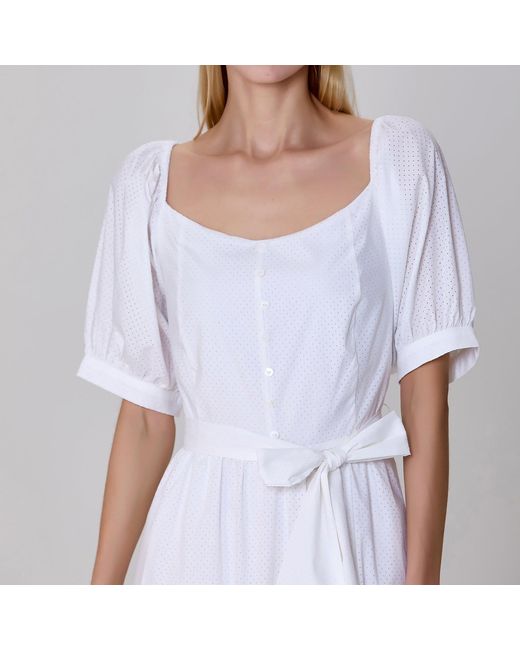 Smart and Joy White Puffy Sleeves Fit-And-Flare Blouse-Dress