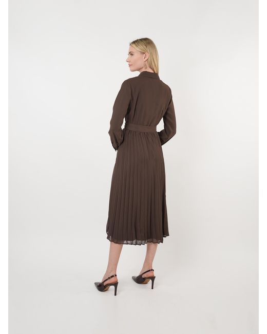 John Abgin Brown Chiffon Belted Pleated Midi Shirt Dress
