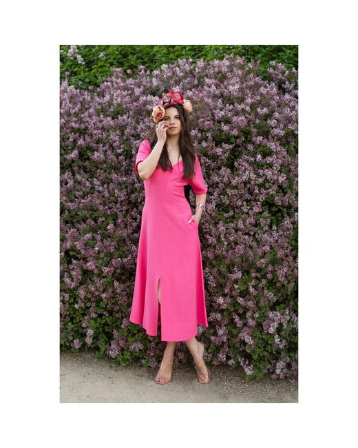 Oh!Zuza Pink Echo Viscose Midi Dress Short Sleeve With Pockets