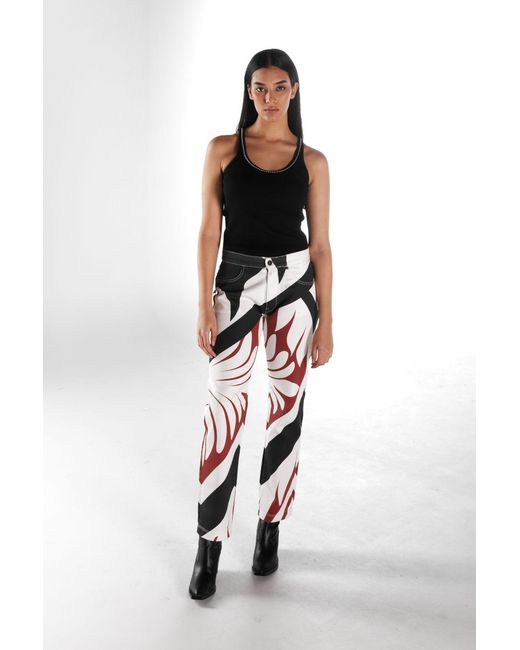 Born in Exile Red Printed Denim High Wasted Denim Pants
