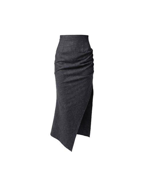 AVENUE No.29 Black Asymmetric Gathered Wool Midi Skirt