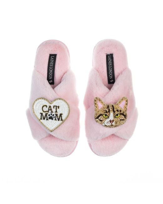 Laines London Pink Classic Laines Slippers With Cat Mum Mom & Tabby The Ginger Cat Brooches