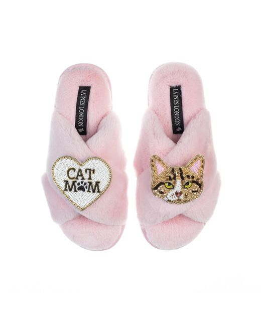 Laines London Pink Classic Laines Slippers With Cat Mum Mom & Tabby The Ginger Cat Brooches