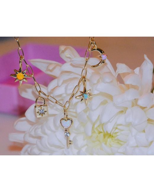 KAMARIA Metallic Lock & Key Celestial Charm Necklace With Opals On Paperclip Chain