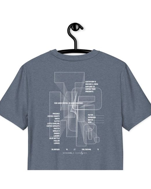 Anchor and Crew Blue Heather Gustatory Tokyo Coffee Scene Organic Cotton Embroidered T-Shirt