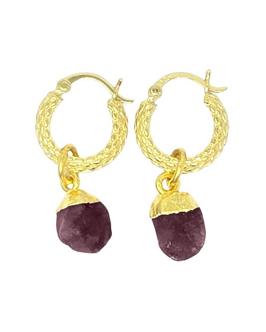 Harfi Metallic Raw Ruby July Birthstone Huggie Hoops Vermeil Plated Gemstone Earrings