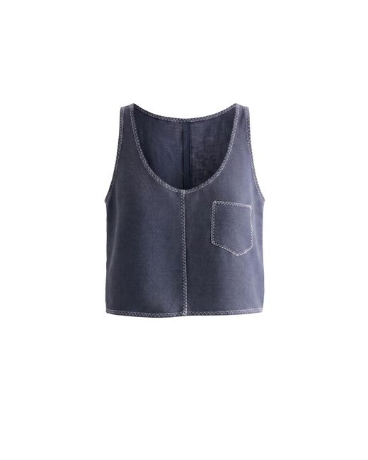 Rue Les Createurs Blue Linen Blend Cropped Blouse
