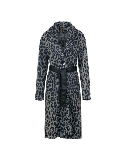 Conquista Black Animal Print Wool Blend Long Coat With Faux Leather Belt