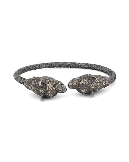 Ebru Jewelry Metallic Twin Wolf Sterling Bold Bracelet for men