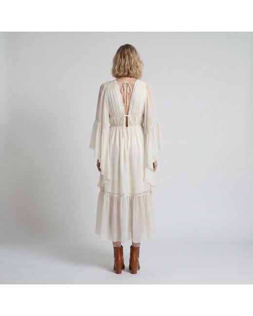 Modenaire White Vacation Style Ruffle Sleeve Maxi Dress With Plunging Neck & Tie Waist