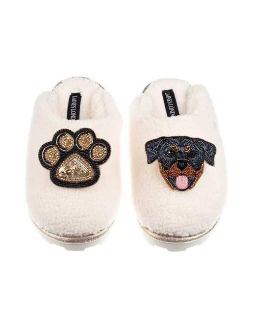 Laines London White Neutrals Teddy Closed Toe Slippers With Paw & Rottweiler Brooches