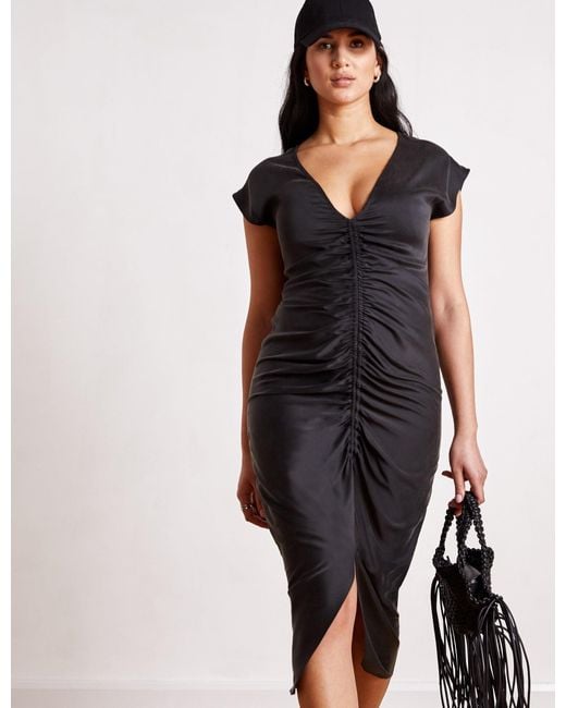 The Summer Edit Black Rudi Sandwashed Silk Ruched Dress
