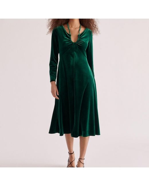Paisie Green Velvet Tie-Neck Dress