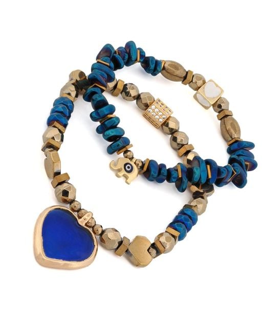 Ebru Jewelry Blue Heart & Luck Murano & Elephant Charm Bracelet Set