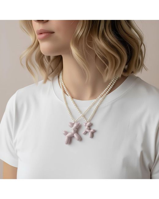 POPORCELAIN Pink Sweet Porcelain Balloon Doggie Pearl Necklace