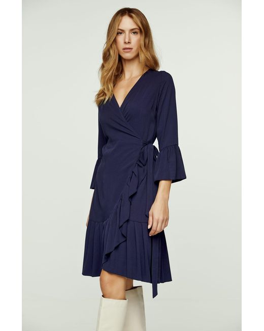 Conquista Blue Wrap Dress Viscose With Bell Sleeves
