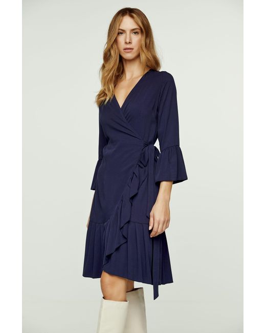 Conquista Blue Navy Wrap Dress Viscose With Bell Sleeves.