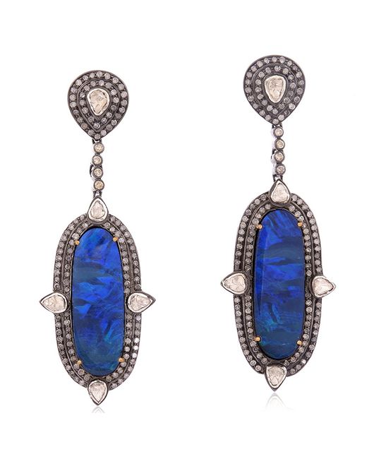 Artisan Blue Oval Opal Doublet & Uncut Diamond In 18k Solid Gold With Silver Unique Dangle Earrings