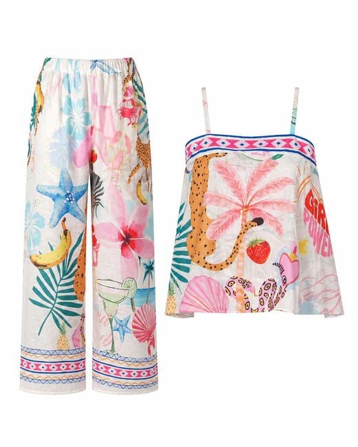 LOVEIST STORE Red Nancy Illustrated Tropical Camisole & Wide-Leg Trouser Co-Ord Set