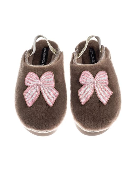 Laines London Brown Neutrals Flatform Cloud Closed Toe Slippers With Stripe Bow Brooches