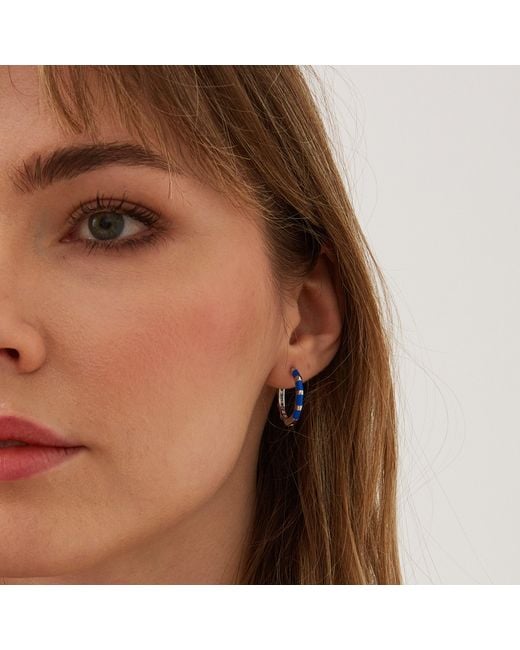 Spero London Blue Enamel Fine Stripe Sterling Hoop Earrings With Multi Color Zirconia Interior