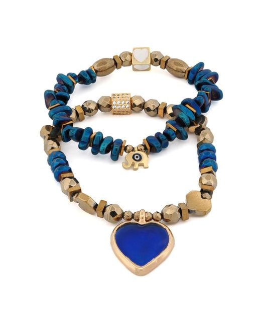 Ebru Jewelry Blue Heart & Luck Murano & Elephant Charm Bracelet Set
