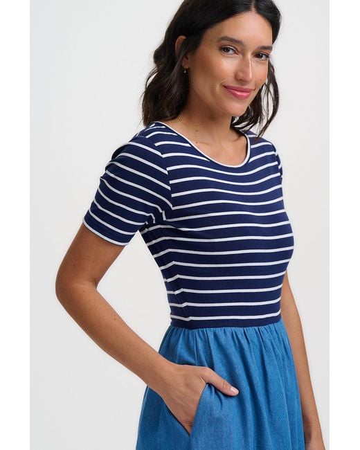 Sugarhill Blue Rhian Jersey & Woven Mix Midi Dress, Off, Stripe & Denim