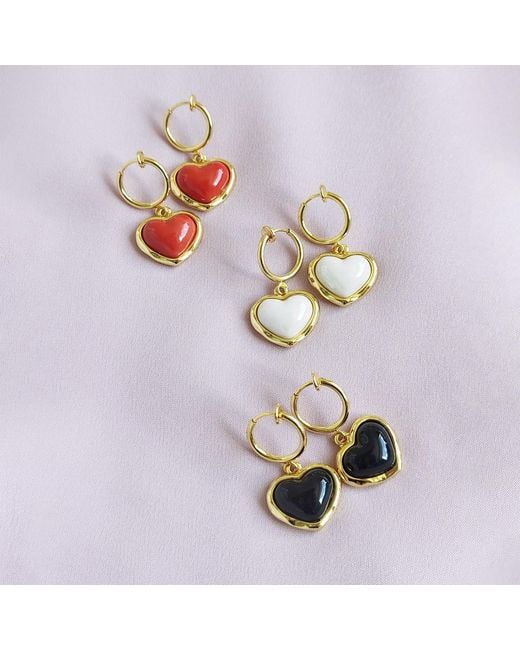 POPORCELAIN Metallic Porcelain Pearly Heart Clip-On Hoop Earrings