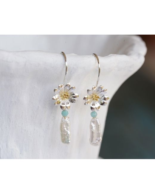 Isla Silver Metallic Sterling Baroque Pearl & Flower Dangle Earrings With Aventurine Bead