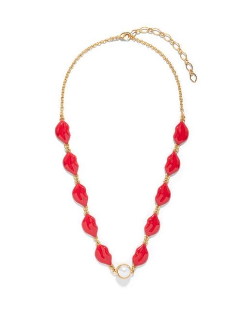 The Pink Reef Red Hand-Painted Kiss Kiss Lips Statement Necklace With Freshwater Pearl