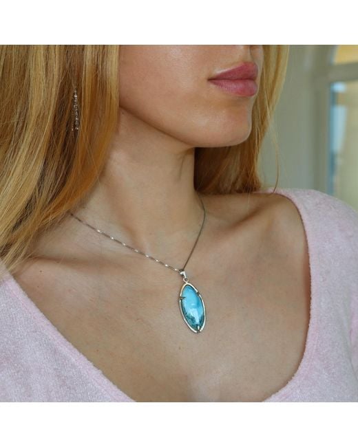 Mineralgems•Studio Blue Larimar Navette Pendant With Sterling Chain