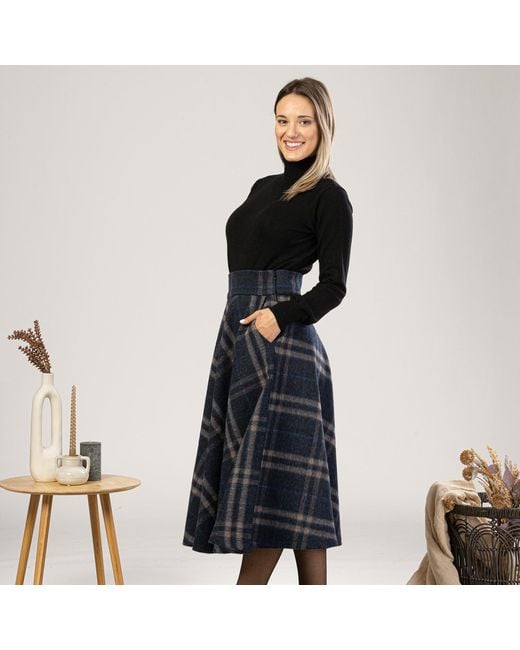 Nikka Place Blue Wool Midi Tartan Skirt With High Waist & Pockets