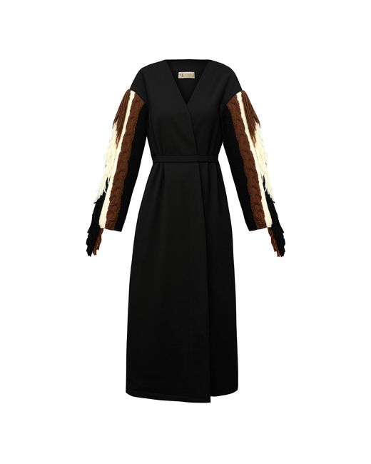 ALINA CERNĂTESCU Black Totem Maxi Cotton Coat & With Hand-Knitted Wool Sleeves And Belt