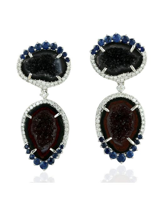 Artisan Black Designer Dangle Earrings Geode Gemstone Diamond White Gold Jewelry