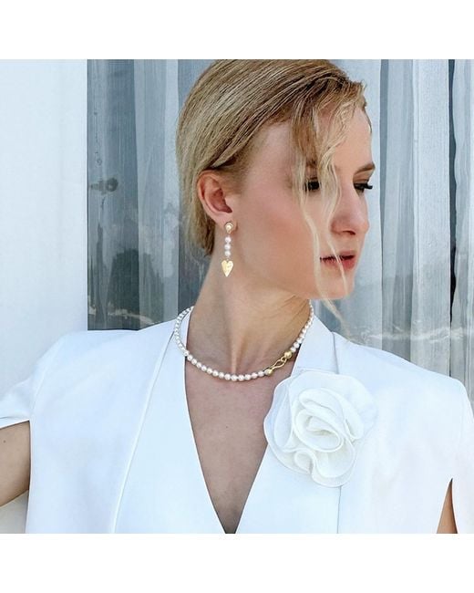 Farra Metallic Heart Dangle Freshwater Pearls Asymmetric Earrings