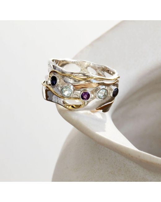 Isla Silver White Organic Topaz, Iolite, & Amethyst Statement Ring