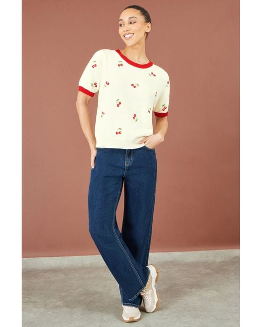 Yumi' Natural Ivory Cherry Cotton Knitted Top