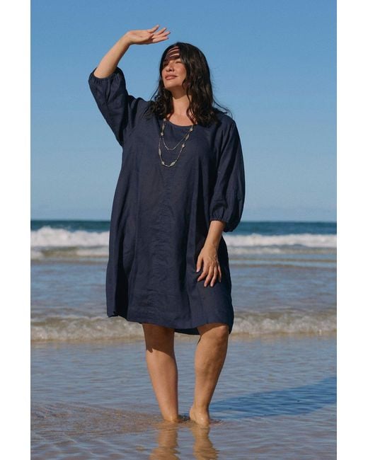 Adrift Clothing Blue Hazel Short Linen Shift Dress