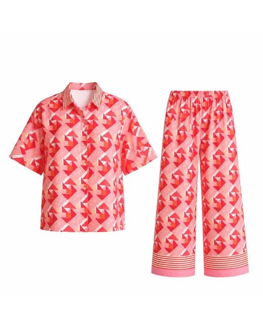 LOVEIST STORE Red Coral Geometric Co-Ord Set – Relaxed Fit Shirt & Wide-Leg Trousers