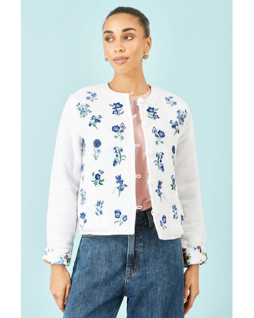 Yumi' Blue Floral Embroidery Reversible Cotton Jacket