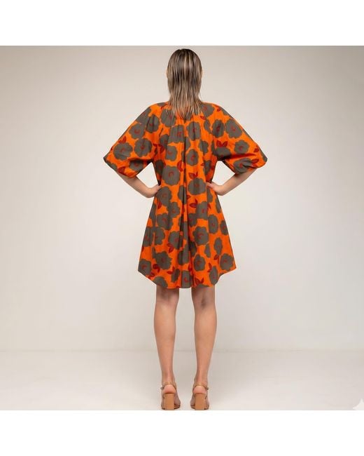 Tantra Spain Sl Orange Short Floral-Print Dress With Puff Sleeves And A V-Neck