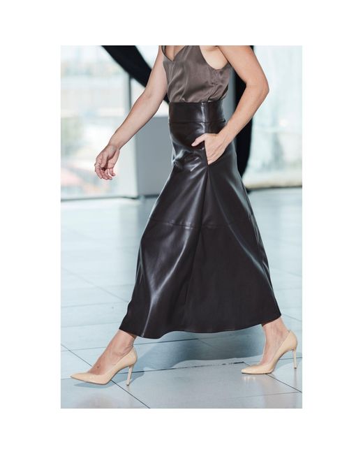 The Extreme Collection Black Midi Mocha Skirt With Faux Leather And Flattering High Waist