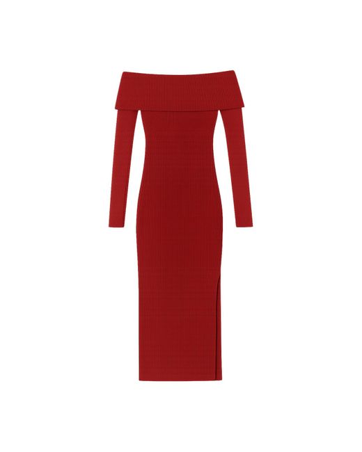 Yumi' Burgundy Bardot Knitted Fitted Midi Dress in Red | Lyst