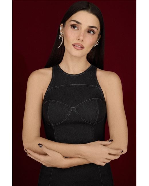 Nocturne Black Halter Neck Denim Bustier Top